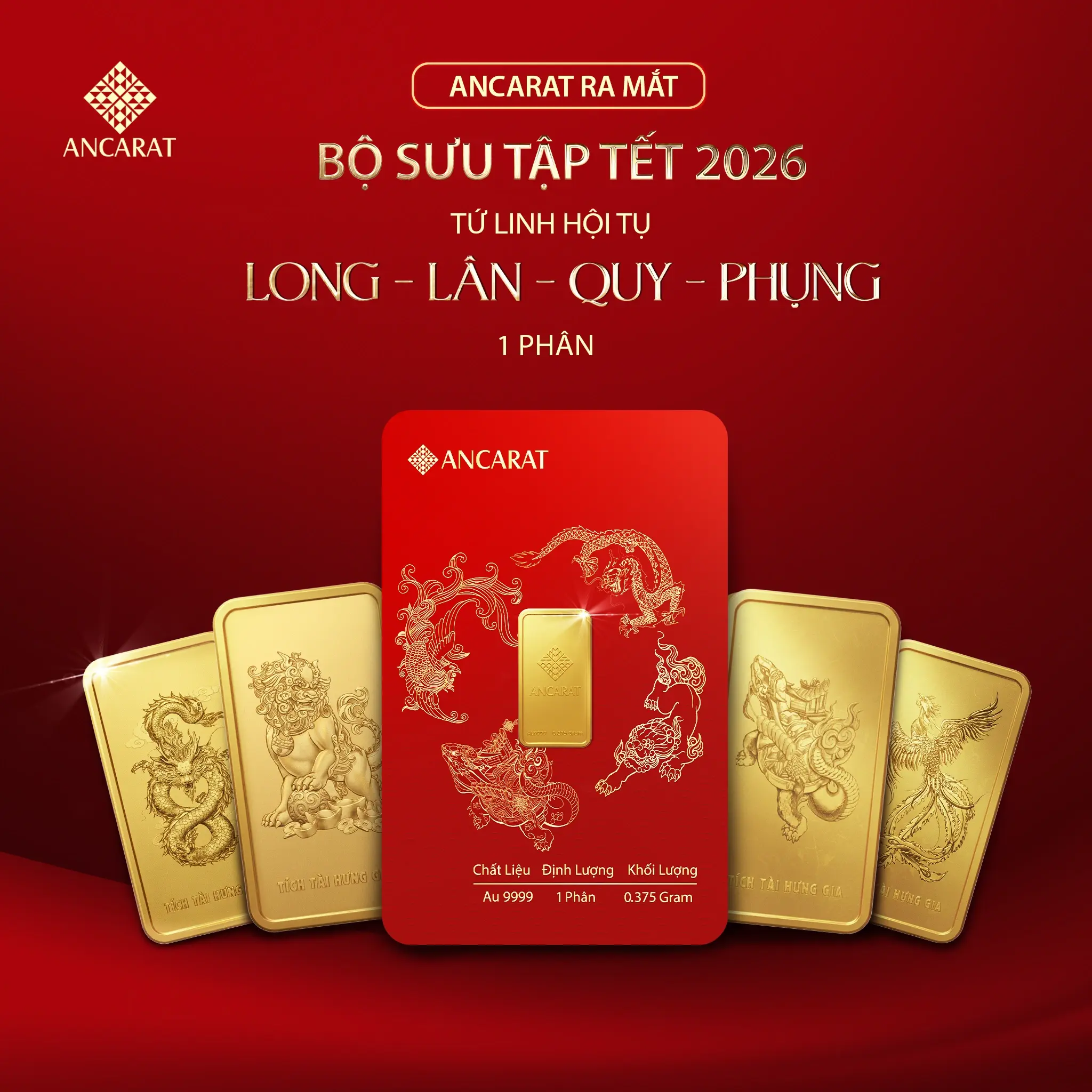 Trọn bộ BST Tứ Linh Long Lân Quy Phụng vàng 24K Ancarat thiết kế dạng thẻ ATM sang trọng, quà tặng hot nhất 2026.