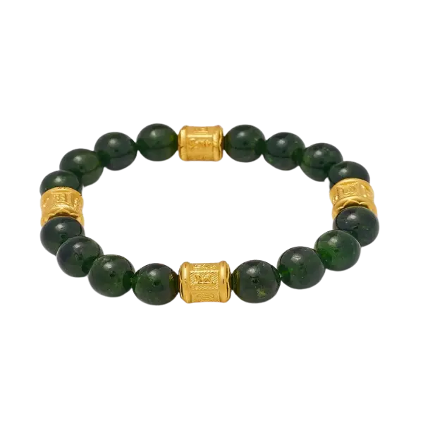 Vòng Đá Diopside 5A Phối Charm Vàng 24k Trụ Chú Bình An