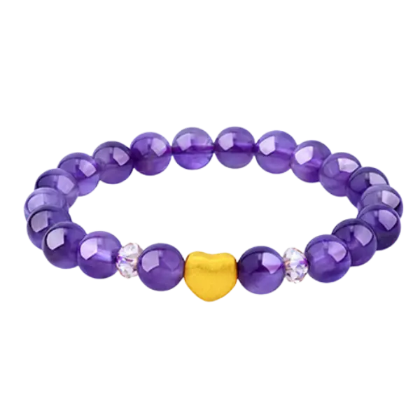 Vòng Đá Thạch Anh Tím Phối Charm Trái Tim Vàng 24K