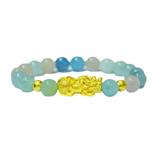 Vòng tay đá Aquamarine phối charm tỳ hưu và bi khắc máy – May mắn – Tiền tài