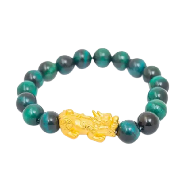 Vòng tay đá mắt hổ xanh lá thiên nhiên mix vàng 24k tỳ hưu – May mắn – Tài lộc