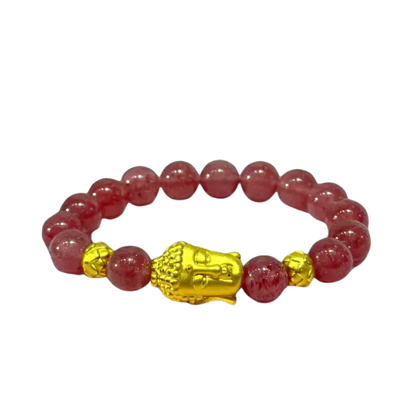 Vòng tay đá Thạch anh dâu phối charm búp sen mix đầu Phật may mắn