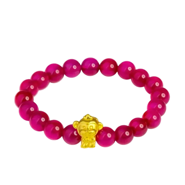 Vòng tay đá thạch anh hồng phối charm vàng con giáp Thân – May mắn