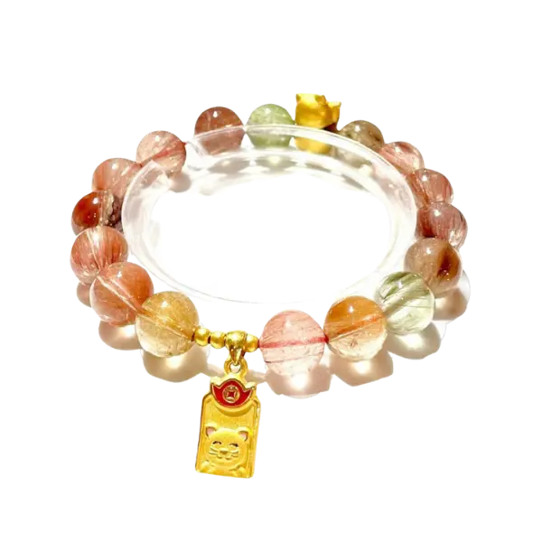 Vòng tay đá thạch anh tóc nâu cam phối Bi mix mèo chiêu tài