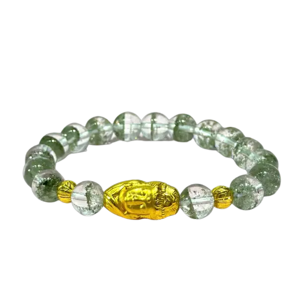 Vòng tay đá ưu linh xanh phối charm Đầu phật mix Bi vàng may mắn