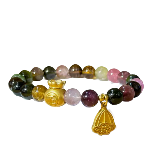 Vòng Tourmaline phối Bao đựng tiền mix mặt dây đài sen may mắn