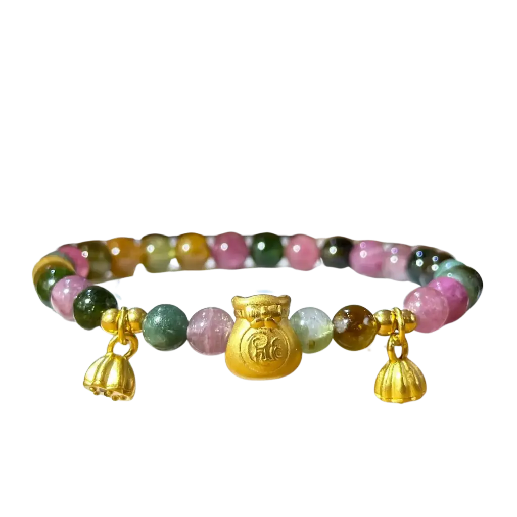 Vòng Tourmaline phối Bao tiền chữ phúc mix Mặt dây búp sen