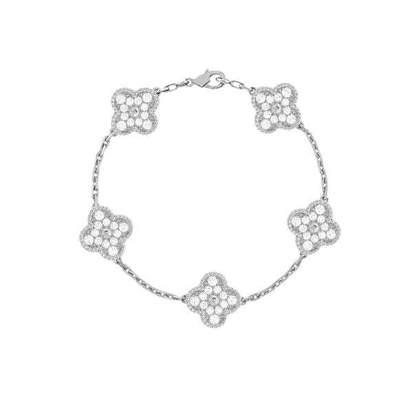 Lắc tay Vàng 18K Golden Leaf 5 hoa 15mm full đá – Vàng trắng