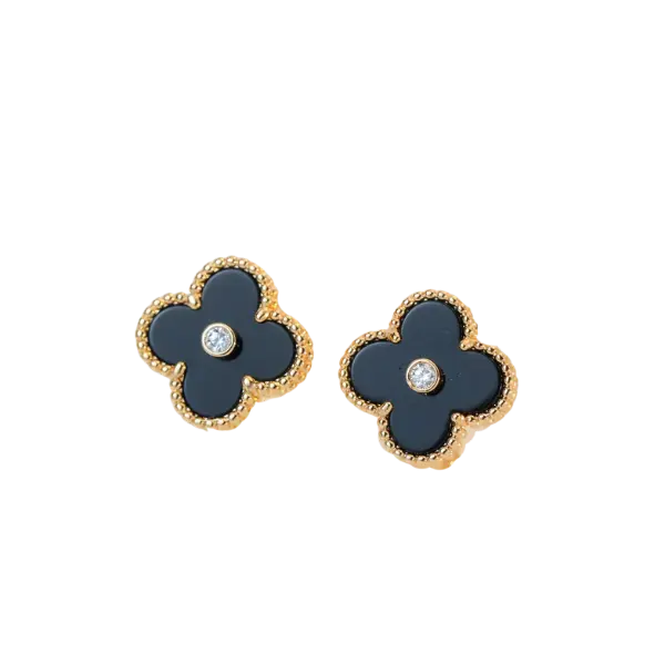 Bông tai vàng 18K Golden Leaf 13mm Nhụy Đính Đá – Màu Đen