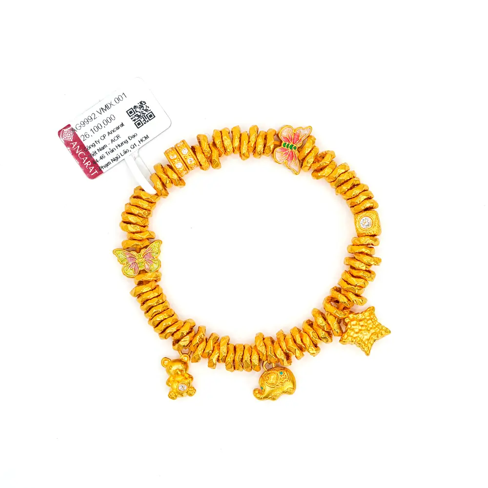 Vòng tay phối charm vàng 18k gắn ngọc - may mắn - tài lộc