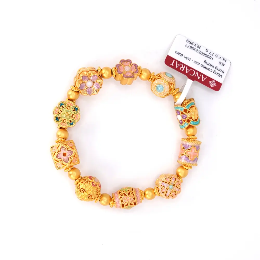 Vòng tay vàng 18k phối charm họa tiết mix bi vàng may mắn