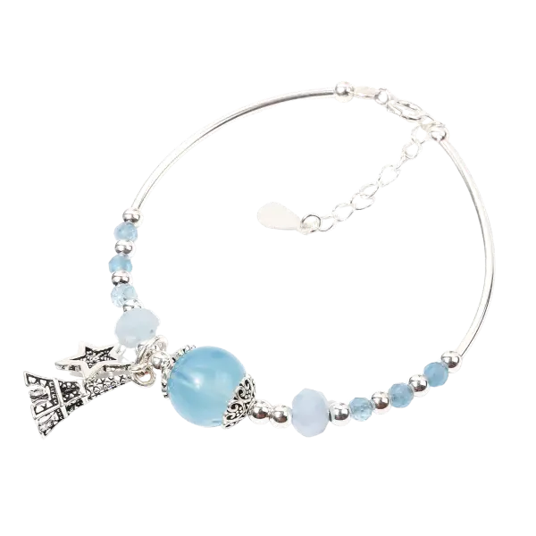 Vòng bạc đá Aquamarrine phối charm hình tháp mix bạc