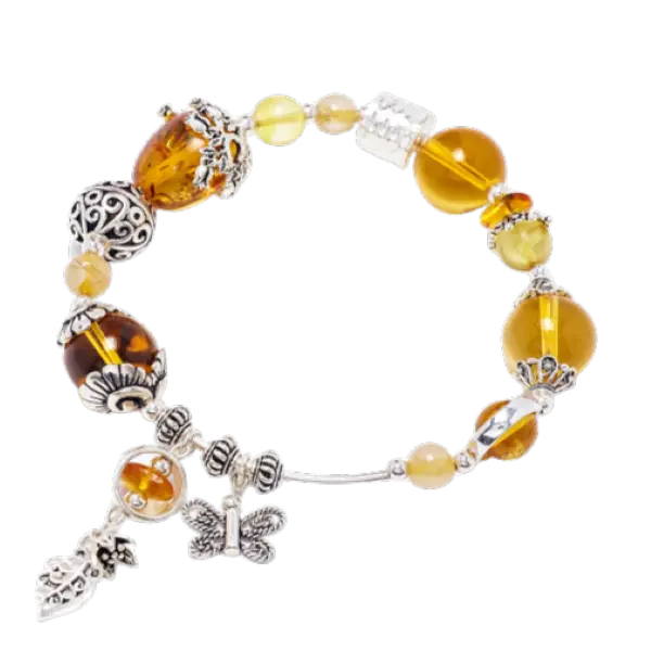 Vòng bạc đá thạch anh vàng phối charm cỏ 4 lá