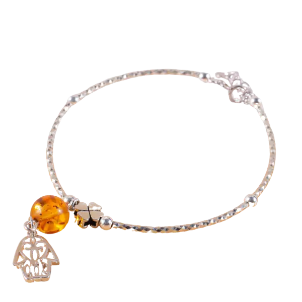 Vòng tay bạc Hổ phách mix charm bạc phong thủy