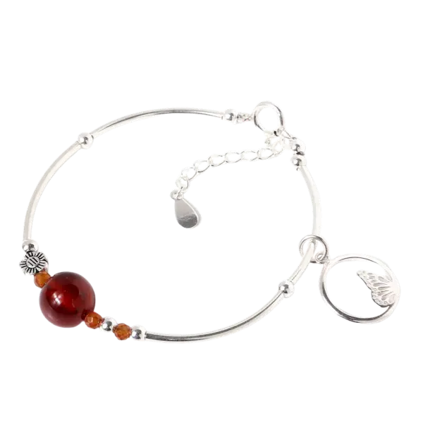 Vòng tay đá garnet thiên nhiên phối charm bạc mix bạc