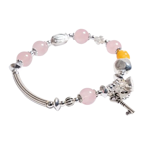 Vòng tay đá thạch anh hồng phối khóa bạc – Tình duyên