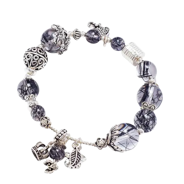 Vòng tay đá Thạch anh tóc đen phối charm vương miện