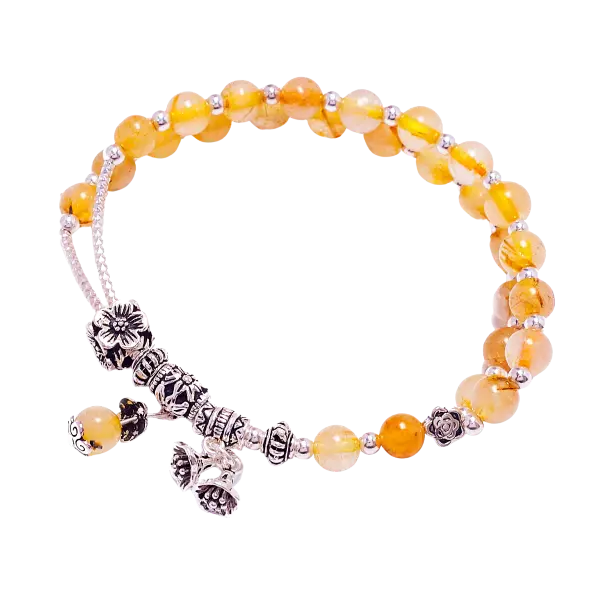 Vòng tay đá Thạch anh tóc vàng phối Charm Hoa mix bạc