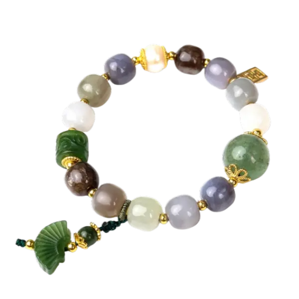 Vòng tay ngọc hòa điền phối đá thạch anh dâu xanh mix bạc