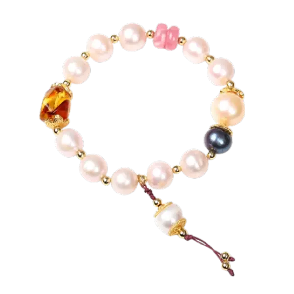 Vòng tay ngọc trai phối hổ phách thời trang mix bạc