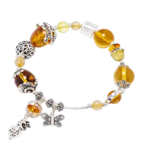 Vòng bạc đá thạch anh vàng phối charm cỏ 4 lá