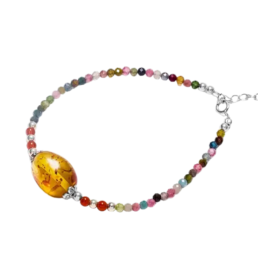 Vòng tay đá Hổ Phách phối đá Tourmarine mix bạc