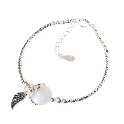 Vòng tay đá moonstone phối charm bạc đôi cánh mix bạc