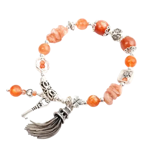 Vòng tay đá sunstone thiên nhiên phối charm khóa mix bạc