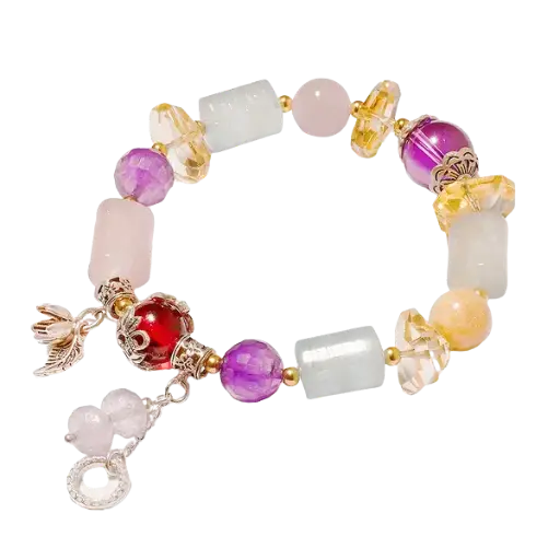 Vòng tay đá Thạch anh phối charm hoa rơi mix bạc