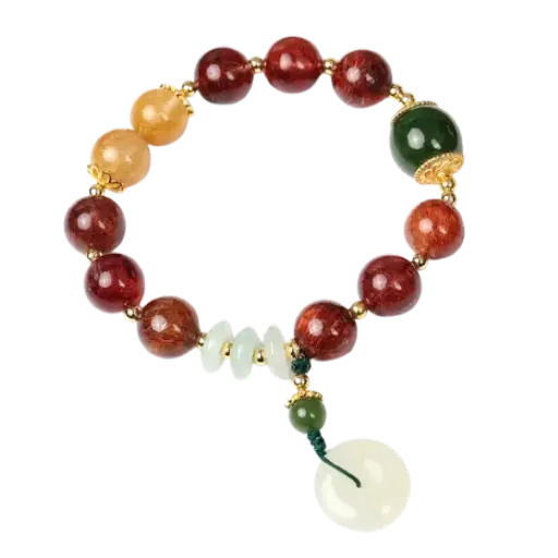 Vòng tay đá thạch anh tóc đỏ phối ngọc hòa điền mix bạc