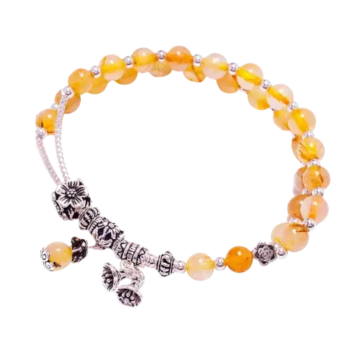 Vòng tay đá Thạch anh tóc vàng phối Charm Hoa mix bạc