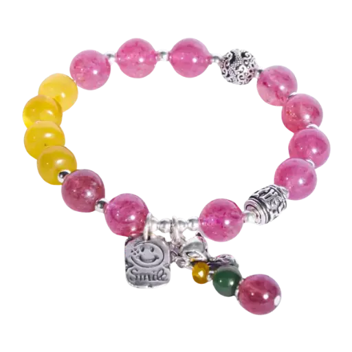 Vòng bạc mix thạch anh dâu hồng, hổ phách vàng