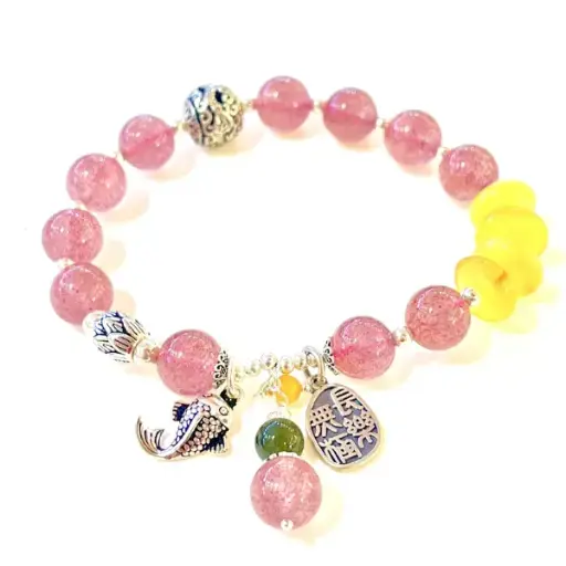 Vòng tay bạc mix thạch anh dâu hồng may mắn