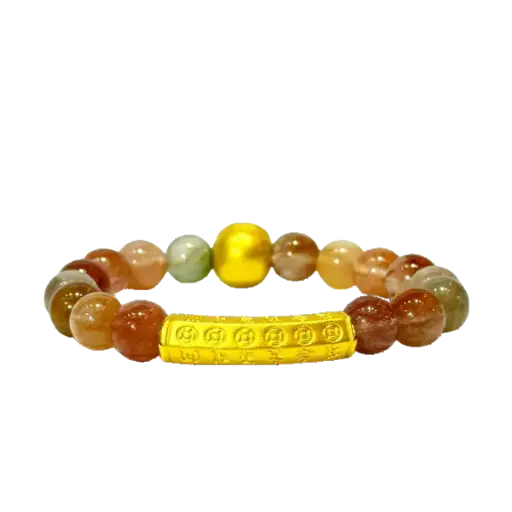 Vòng đá Thạch anh tóc tam tài phối Hột tròn phật di lạc mix Lắc Charm Lục tự đại minh chú