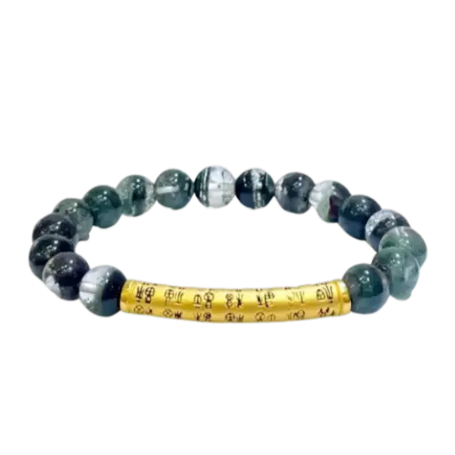 Vòng đá ưu linh xanh 8mm phối Lắc Charm chữ Phúc