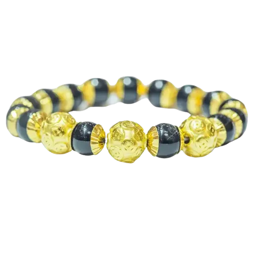 Vòng đá ngọc bọc vàng mix hạt vàng chữ điền – May mắn – Tài lộc