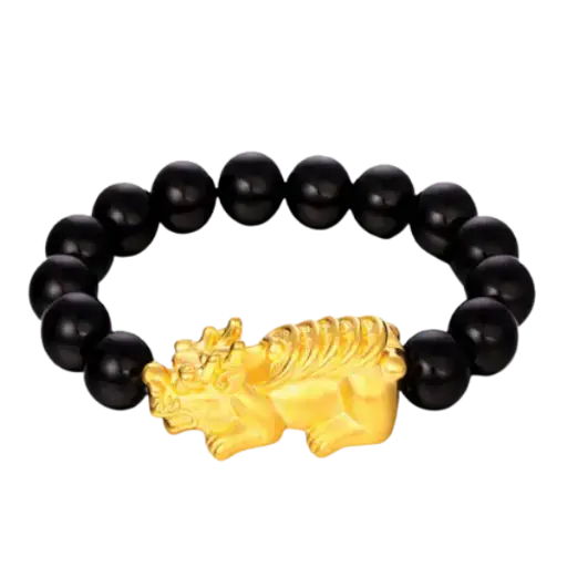 Vòng tay đá thạch anh đen mix charm vàng tỳ hưu