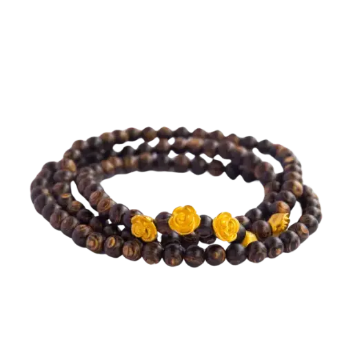 Vòng Trầm 108 Hạt Mix Vàng 24k Hoa Hồng May Mắn Tình Duyên