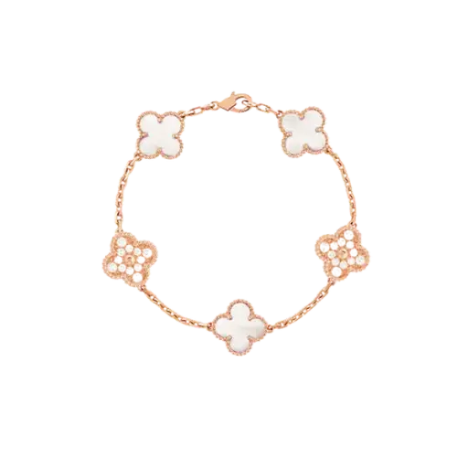 [AG7502.L168.520H3] Lắc tay Vàng 18K Golden Leaf 5 hoa 15mm đính đá – Bản dày – Trắng