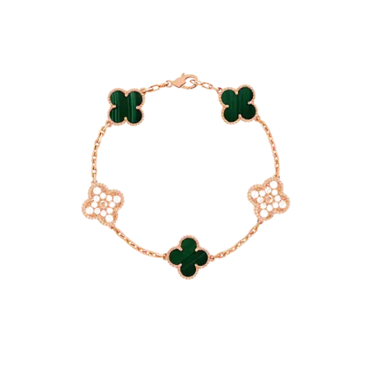 [AG7502.L168.520H4] Lắc tay Vàng 18K Golden Leaf 5 hoa 15mm đính đá – Bản dày – Xanh lá