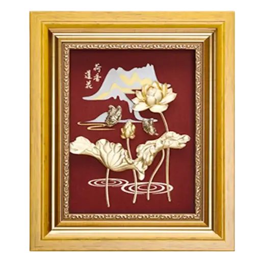 [AO9992.Q082.T002] Tranh Mạ Vàng 24K Liên Hoa Hồ Điệp – May Mắn – Bình An